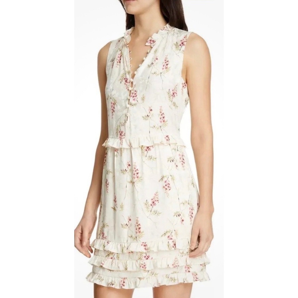 Rebecca Taylor‎ Silk Blend Floral Wisteria Ruffle Mini Dress Ivory Pink Size 0